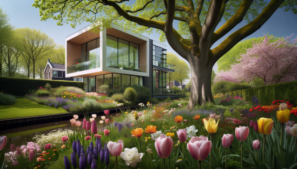 een mooie tuin met een boom en bloemen